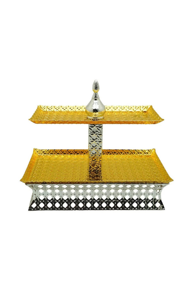 طبق حلوى معدني ذهبي كبير مستطيل الشكل مع طبقتين دوريس - 1