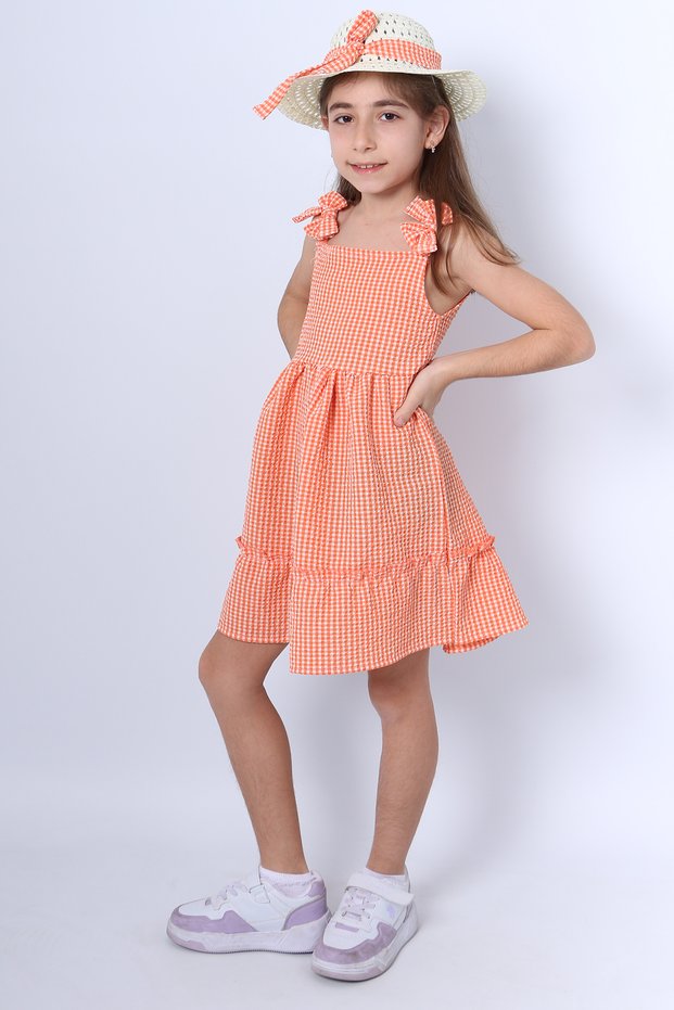 Girl's Hat Dress with Checked Bow B33