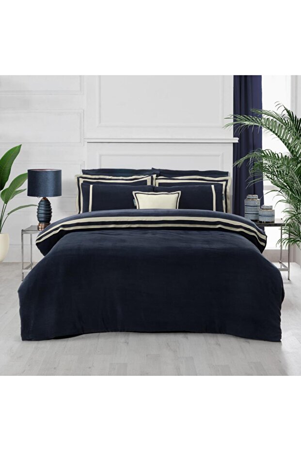 Kımera Cupro Vegan Silk Double Duvet Cover Set Navy Blue