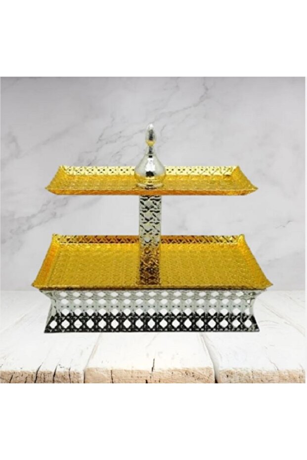 طبق حلوى معدني ذهبي صغير مستطيل الشكل مع اثنين من الدوريات - 2