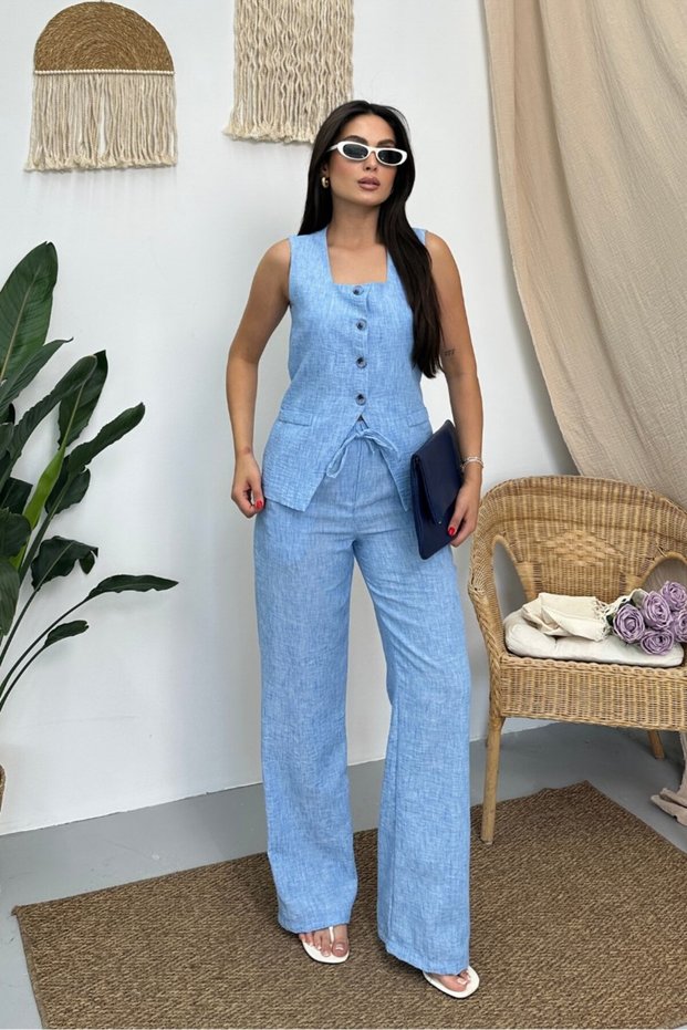 Women's Double Bottom Top Suit Linen Buttoned Square Collar Waist Lace-Up Regular Vest Loose Pants Suit