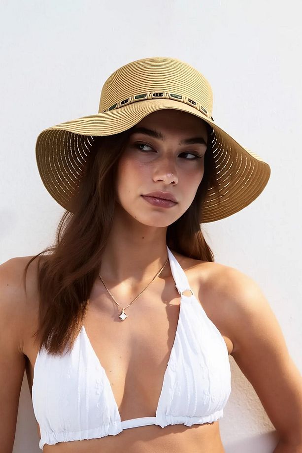 Kadın Boho İşlemeli Hasır Şapka - Camel - 2