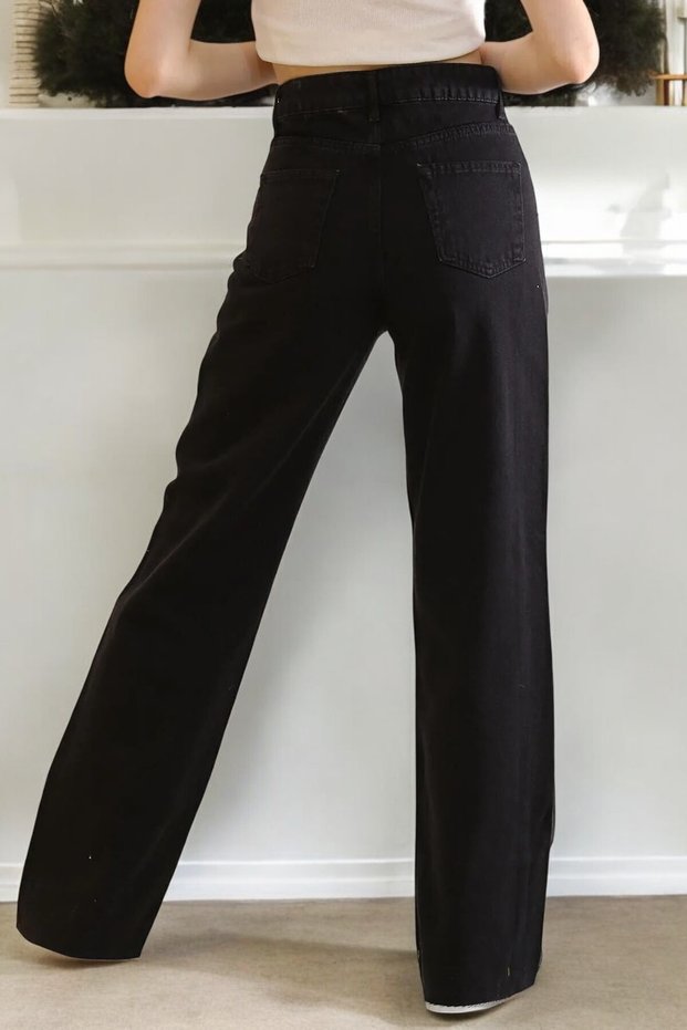 Elizabeth Young Girl Black High Waist Elastane Blended Unlined 90's Wide Leg Denim Pants