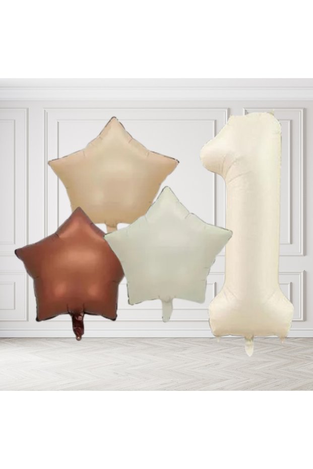 1 Year Old Retro Cream Beige Brown Star Foil Balloon Set with Cream Numbers Birthday Stylish Party Ornament