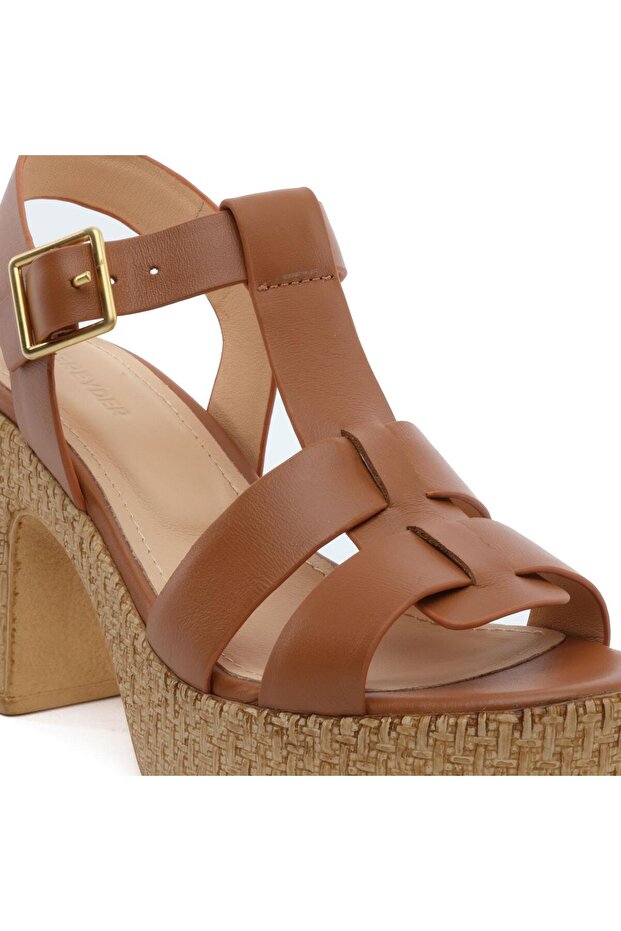 59243 Taba Hakiki Deri Kadın Topuklu Sandalet - 5