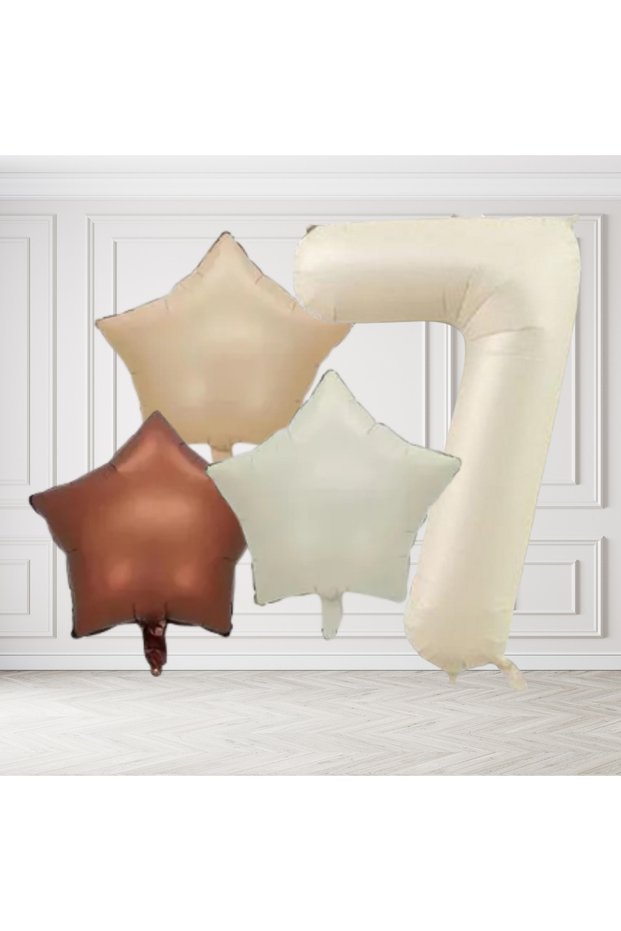 7 Year Old Retro Cream Beige Brown Star Foil Balloon Set with Cream Numbers Birthday Stylish Party Ornament