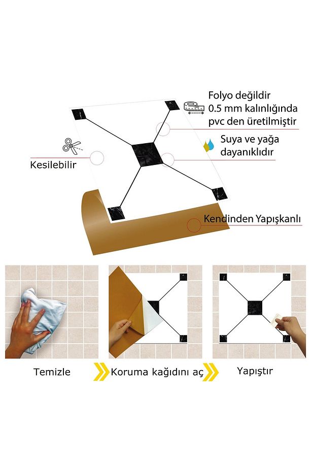 Kendinden Yapışkanlı Banyo Mutfak Fayans Kaplama Siyah Geometrik Pvc Karo 30x30 Cm (11 ADET) 1m2 - 3