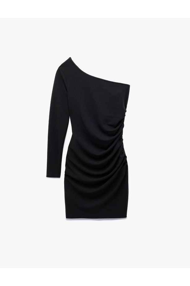 Krep Scuba Kumaş Drape Detaylı Uzun Kollu Tek Omuz Mini Elbise - 1