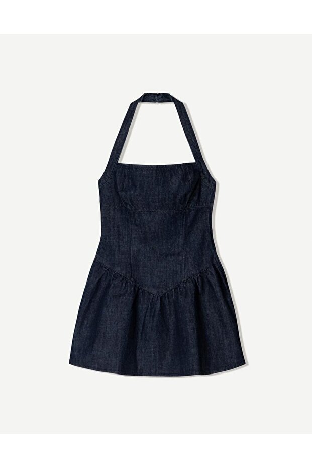 Balon Etekli Denim Mini ELBİSE - 1