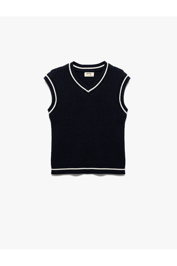 Cotton V-Neck Striped Sleeveless Knitwear Sweater