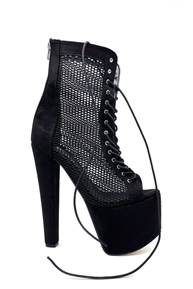 Kindep High Heels (18 cm) Platform (7 cm) Tulle Front Lace-Up Women's Shoes Black