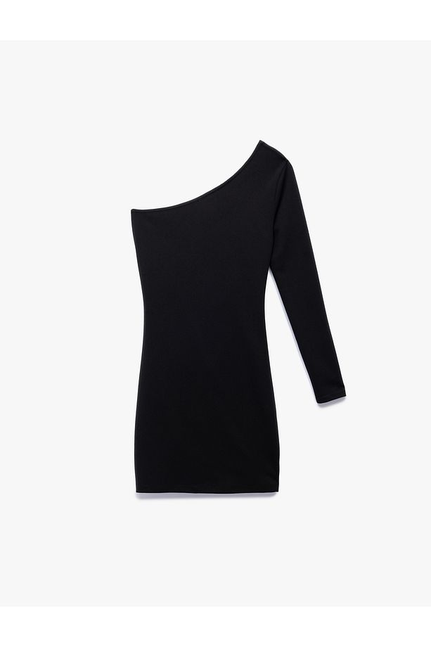 Krep Scuba Kumaş Drape Detaylı Uzun Kollu Tek Omuz Mini Elbise - 3