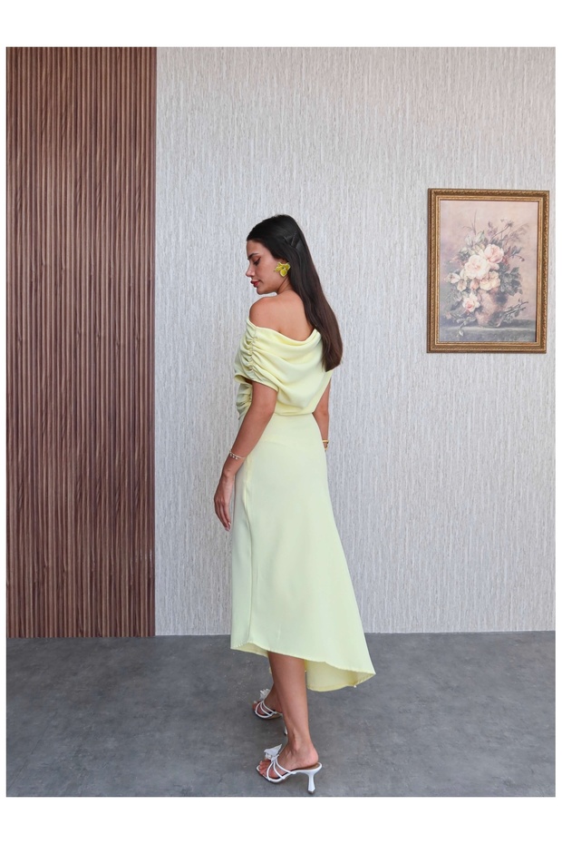 Drapeli Degaje Yaka Asimetrik Elbise - 5