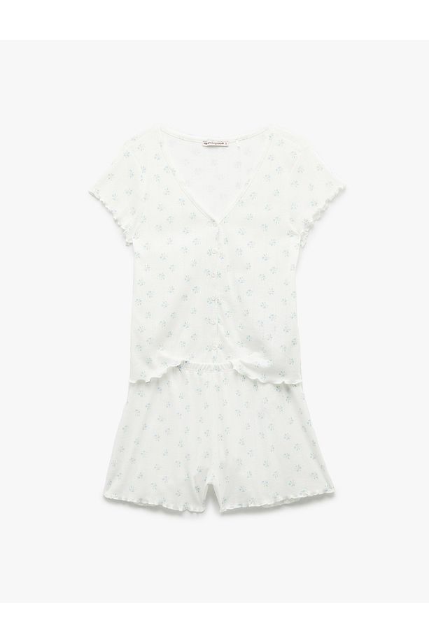 Çiçekli Kısa Kollu V Yaka Düğmeli Şortlu Pijama Takımı - 4