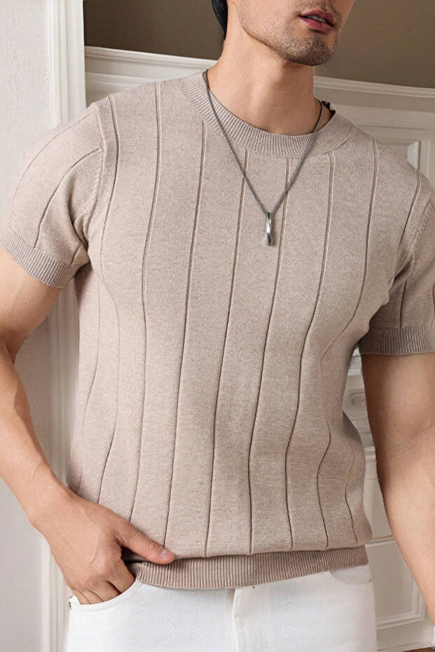 Men's Beige Fit Textured Short Sleeve Crew Neck Knitwear T-Shirt