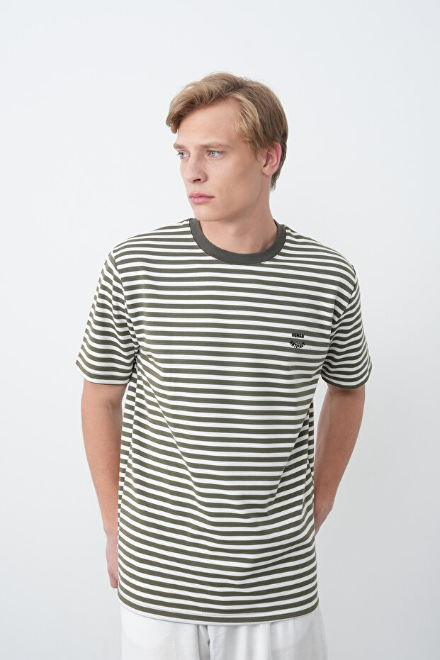 Embroidered Khaki Striped Oversize Men's Tshirt