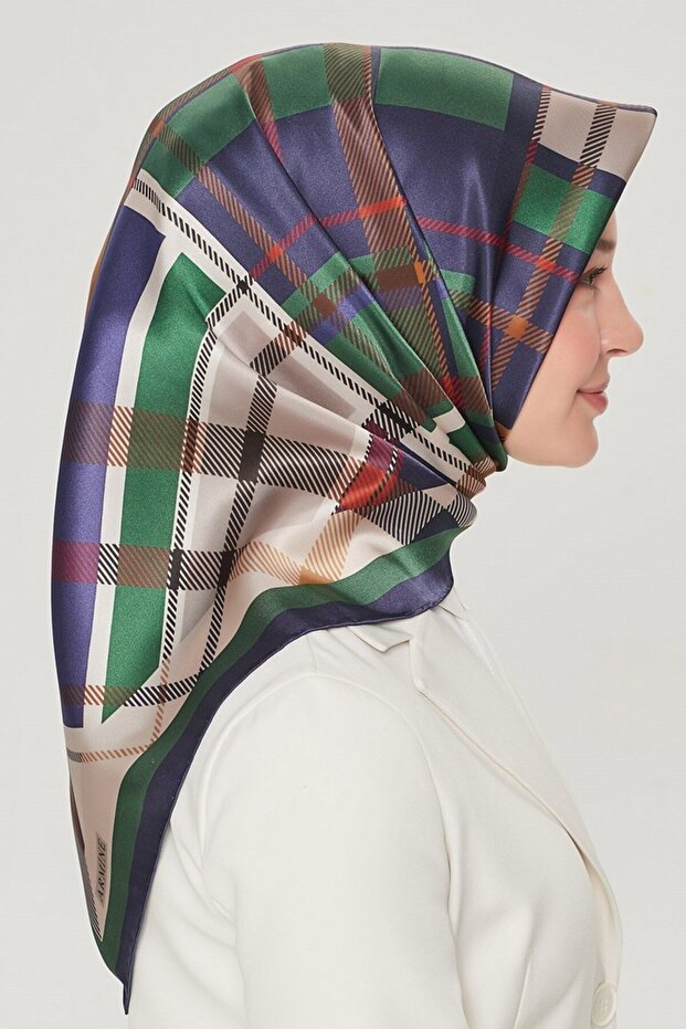 Nostalji Twill İpek Eşarp 8547D-86 Ekose Desen ZÜMRÜT-LACİVERT - 2