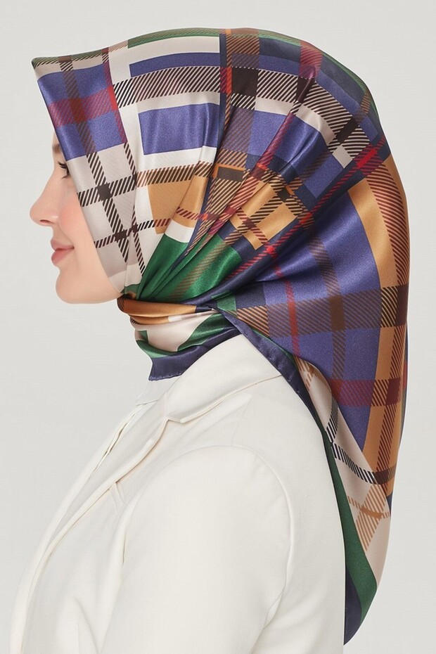 Nostalji Twill İpek Eşarp 8547D-86 Ekose Desen ZÜMRÜT-LACİVERT - 3