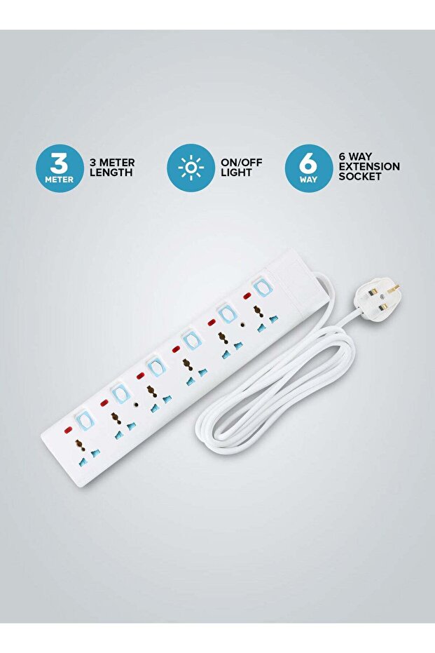 6 Way Extension Socket 13A - Extension Strip with 6 Led Indicators with Power Switches | 3 Me - 1