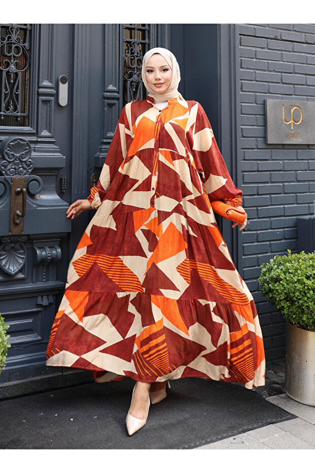 فستان منقوش - برتقالي - فاف - 1