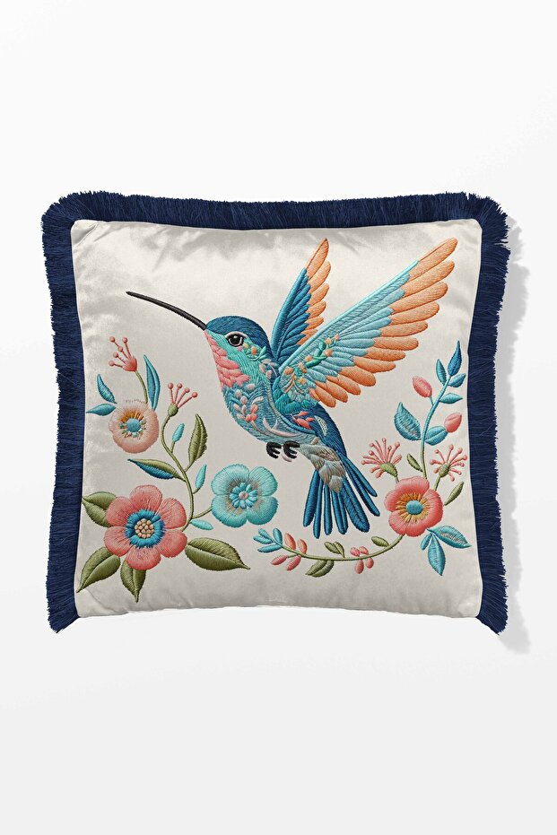 Fringed Cushion Cover Double-Sided 43*43 Cm - Bird Embroidery Look