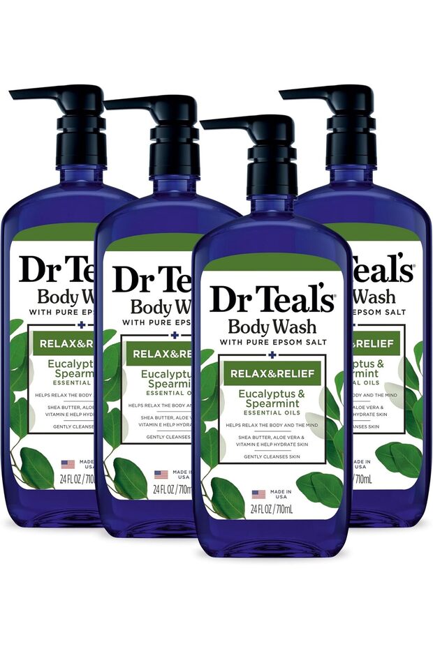 Dr Teal's Body Wash with Pure Epsom Salt, Relax & Relief with Eucalyptus & Spearmint, 24 fl oz (Pack of 4) (Packaging May Vary)