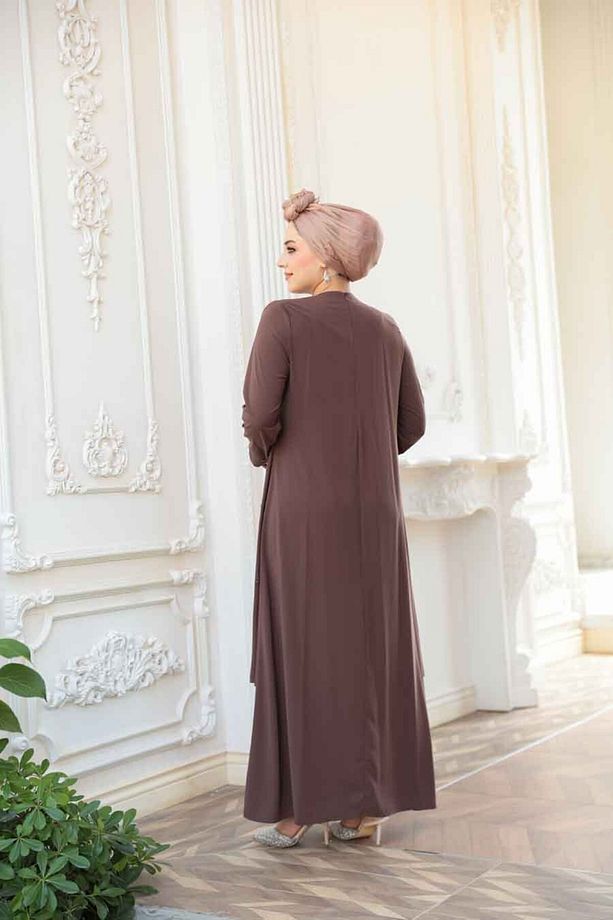 Boncuk İşlemeli Çikolata Tesettür Abaya 29119CK - 4
