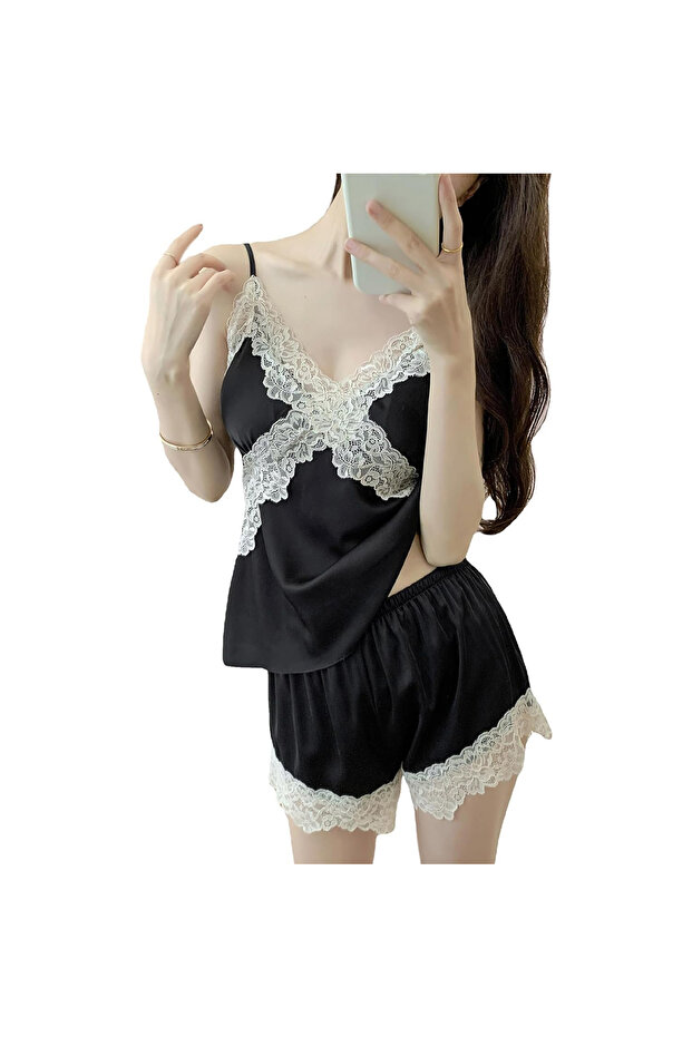 Women's Silk Satin with Lace Pajama Set - Elegant Set with Shorts, V-Neck Lace Nightwear