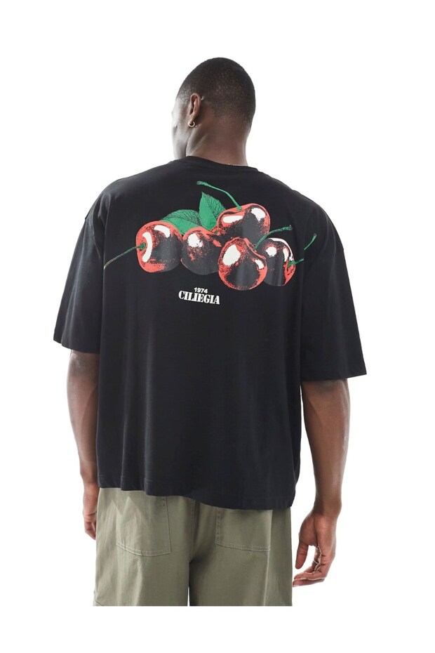 Men's Black Oversized T-Shirt – Cherry Printed Streetwear