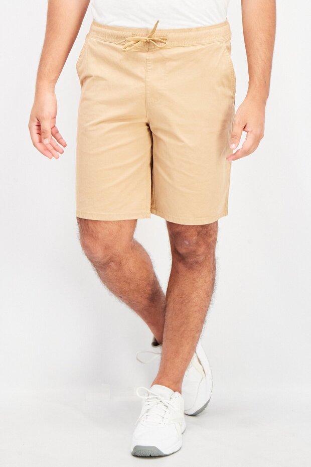 Men Regular Fit Drawstring Plain Shorts, Tan - 1