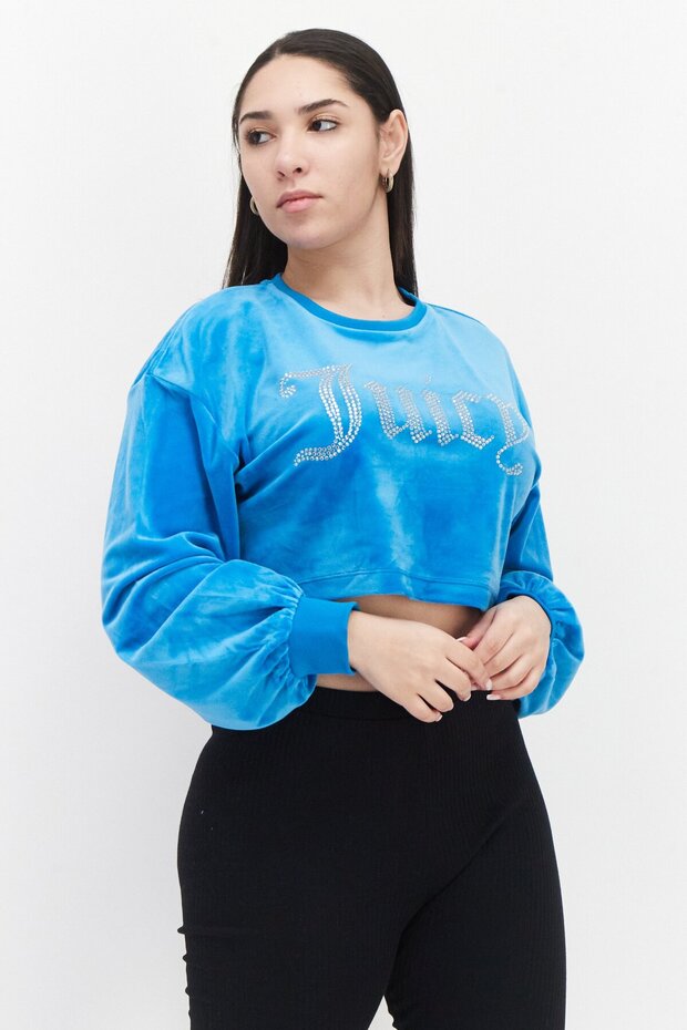Women Round Neck Embellish Sweatshirt, Turquoise Flash