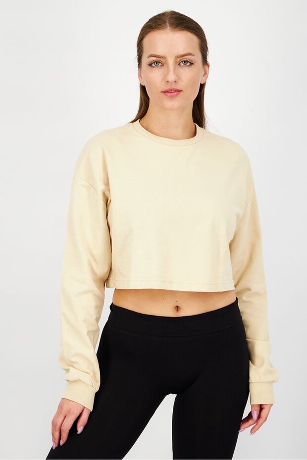 Women Sportswear Fit Plain Cropped Sweatshirt, Beige and Tan