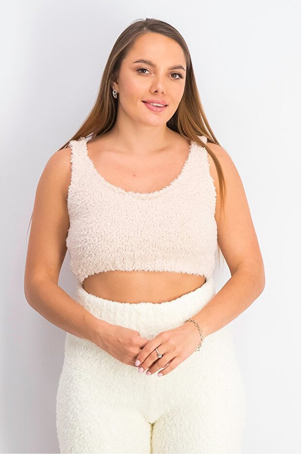 Women Round Neck Textured Sleeveless Crop Top, Peach