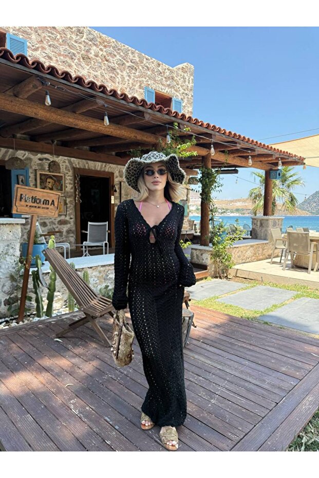 Women's Black Damme Collar Chest Tie Openwork Beach Dress