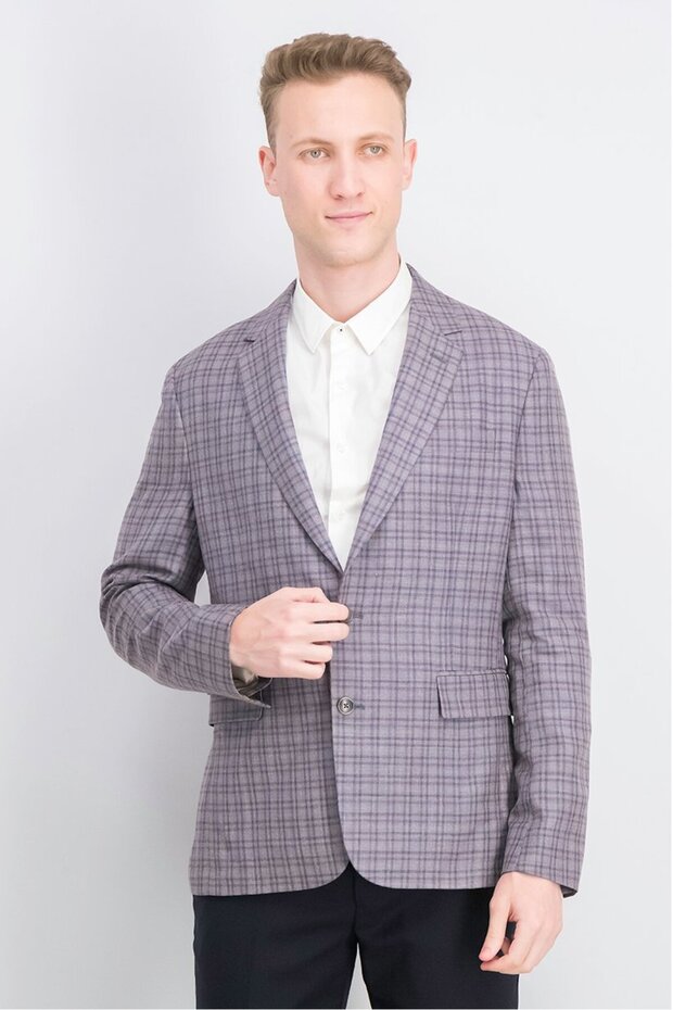 Men Regular Fit 2 Buttoned Long Sleeve Plaid Blazer, Grey