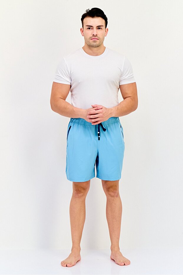 Men Drawstring Solid Board Shorts, Marina Blue - 2