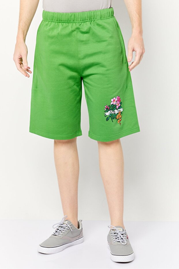 Men Solid Brand Logo Basic Shorts, Green - 1