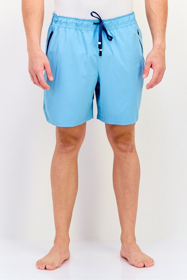 Men Drawstring Solid Board Shorts, Marina Blue - 1