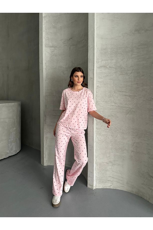 Kadın Baskılı Pijama Takımı - Kalpli Desenli - 2