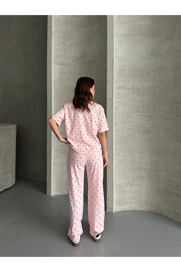 Kadın Baskılı Pijama Takımı - Kalpli Desenli - 4