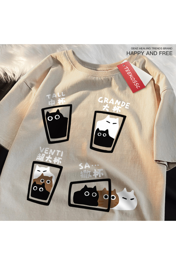 Y2K Vintage T-Shirt Tee Coffee Cup Fun Cat Print