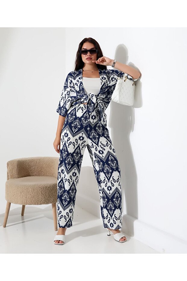 طقم كيمونو مزدوج منقوش (قصة مريحة) - 2