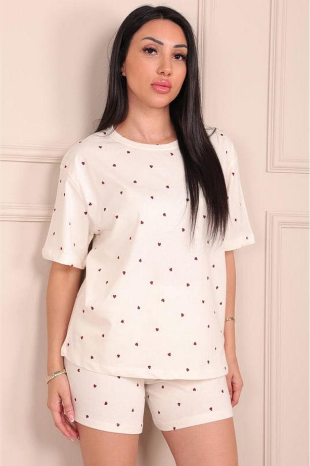 Kadın Şortlu Organik Pijama Takımı – Kalpli Baskılı – Let’s Basic – Yazlık / Ev Giyim - 2