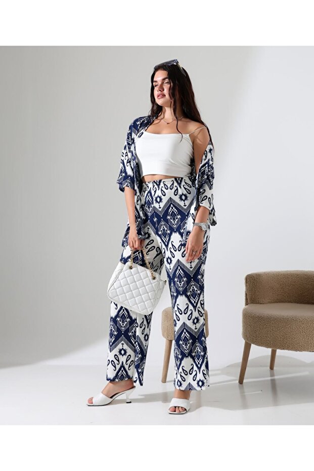 طقم كيمونو مزدوج منقوش (قصة مريحة) - 1