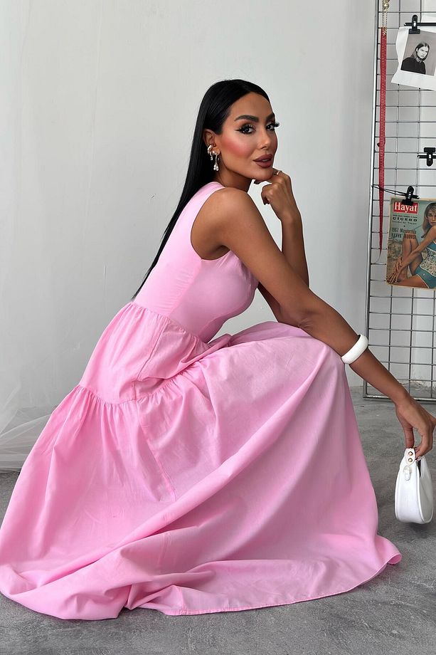 Kadın Pembe Tek Omuz Wual Maxi Elbise - 2