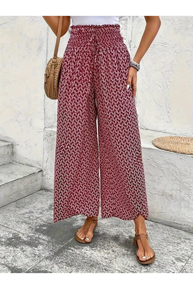Women's High Waist Elastic Patterned Wrinkle Fabric Trousers
