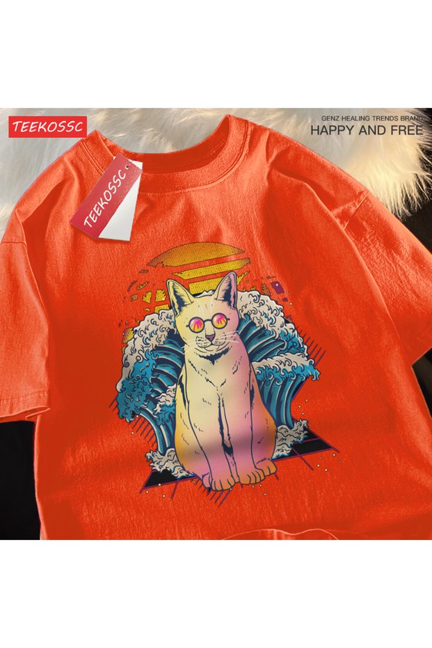 Y2K Vintage T-Shirt Tee Japanese Harajuku Wave Glasses Cat
