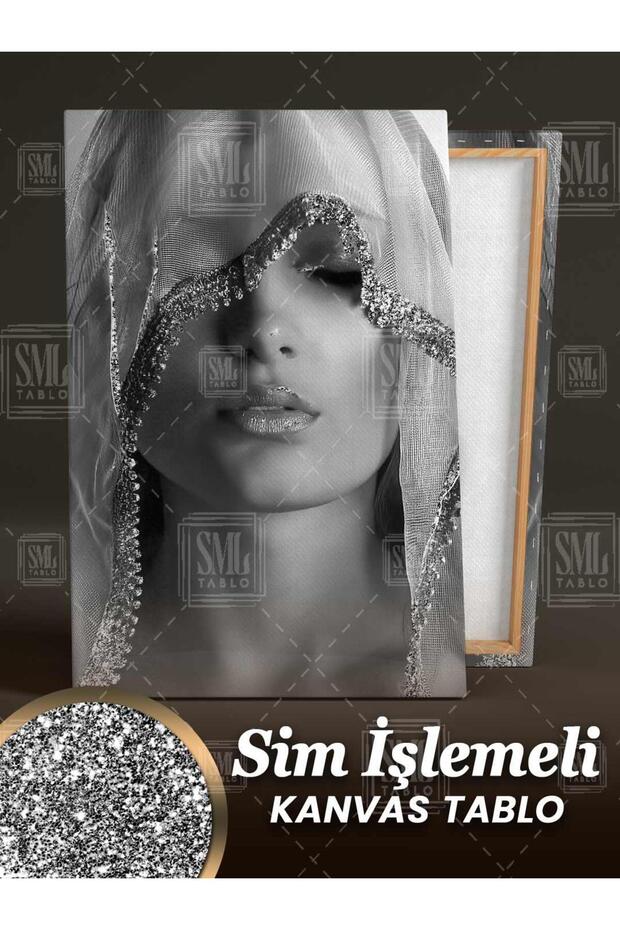 Simli Gümüş Pırıltılı Eşarplı Kadın Model Sim İşlemeli Dikey Kanvas Tablo - 3