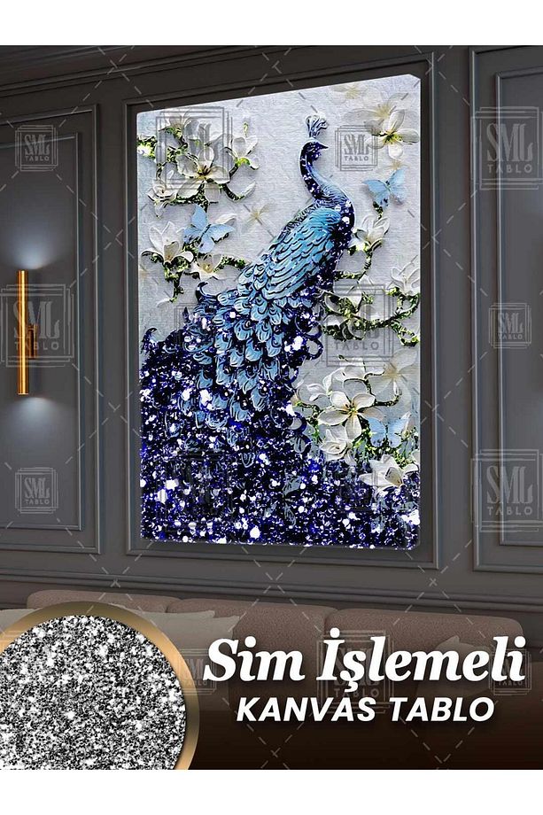 Simli Zarif Mavi Tavus Kuşu ve Beyaz Pırıltılı Çiçekler Sim İşlemeli Dikey Kanvas Tablo - 1