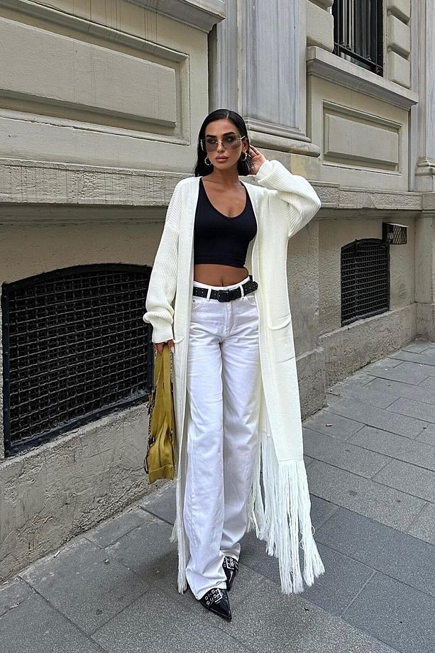 Kadın Ekru Oversize Kruvaze Triko Uzun Hırka - 3